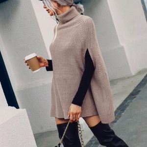 #32 Cozy Khaki Turtleneck Knit Poncho Sweater Top